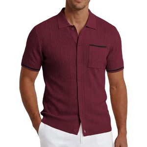 image:imageCOOFANDY Mens Knit Button Down Shirt 2025 Vintage Short Sleeve Polo Shirt Casual Beach TopsWine Red