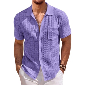image:imageCOOFANDY Mens Knit Button Down Shirt Short Sleeve Vintage Polo Shirts Summer Casual Beach TopsPurple