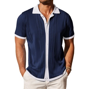 image:imageCOOFANDY Mens Knit Button Down Shirt Vintage Short Sleeve Polo Shirts Casual Beach TopsNavy  White