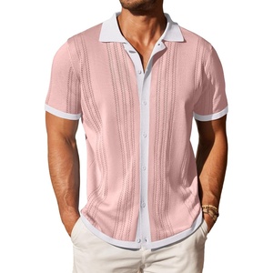 image:imageCOOFANDY Mens Knit Button Down Shirt Vintage Short Sleeve Polo Shirts Casual Beach TopsPink  White