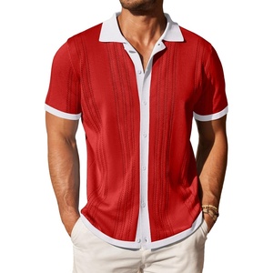 image:imageCOOFANDY Mens Knit Button Down Shirt Vintage Short Sleeve Polo Shirts Casual Beach TopsRed  White