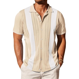 image:imageCOOFANDY Mens Knit Button Down Shirt Vintage Short Sleeve Polo Shirts Casual Beach TopsZ Stripe  Khaki White