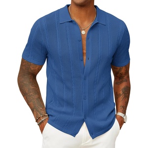 image:imageCOOFANDY Mens Knit Button Down Shirts Casual Textured Polo Shirt Short Sleeve Vintage Summer Beach TopsDeep Blue