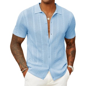 image:imageCOOFANDY Mens Knit Button Down Shirts Casual Textured Polo Shirt Short Sleeve Vintage Summer Beach TopsLight Blue