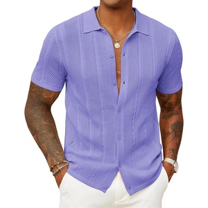 image:imageCOOFANDY Mens Knit Button Down Shirts Casual Textured Polo Shirt Short Sleeve Vintage Summer Beach TopsLight Purple