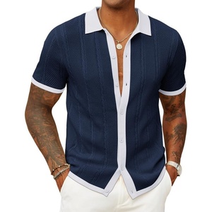 image:imageCOOFANDY Mens Knit Button Down Shirts Casual Textured Polo Shirt Short Sleeve Vintage Summer Beach TopsNavy  White