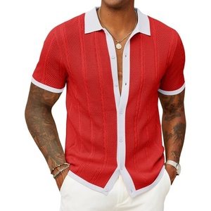 image:imageCOOFANDY Mens Knit Button Down Shirts Casual Textured Polo Shirt Short Sleeve Vintage Summer Beach TopsRed  White