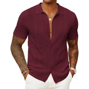 image:imageCOOFANDY Mens Knit Button Down Shirts Casual Textured Polo Shirt Short Sleeve Vintage Summer Beach TopsWine Red