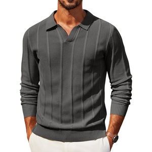 image:imageCOOFANDY Mens Knit Long Sleeve Polo Shirt Casual Polo Collared Sweater VNeck Textured PulloverDark Grey