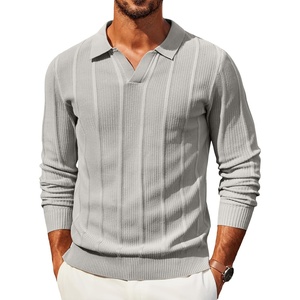 image:imageCOOFANDY Mens Knit Long Sleeve Polo Shirt Casual Polo Collared Sweater VNeck Textured PulloverLight Gray