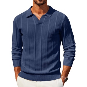 image:imageCOOFANDY Mens Knit Long Sleeve Polo Shirt Casual Polo Collared Sweater VNeck Textured PulloverNavy Blue