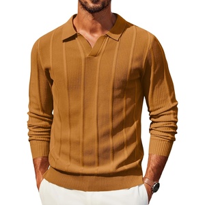 image:imageCOOFANDY Mens Knit Long Sleeve Polo Shirt Casual Polo Collared Sweater VNeck Textured PulloverYellow