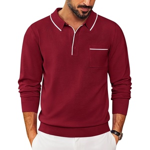 image:imageCOOFANDY Mens Knit Polo Long Sleeve Collared Sweater Polo Business Casual Polos with PocketWine Red