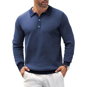 image:imageCOOFANDY Mens Knit Polo Shirts Casual Long Sleeve Classic Polo Shirts Button Down Golf ShirtsHerringbone Blue