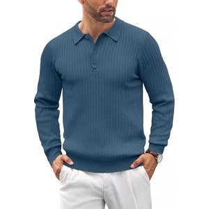 image:imageCOOFANDY Mens Knit Polo Shirts Casual Long Sleeve Classic Polo Shirts Button Down Golf ShirtsRibbed Denim Blue