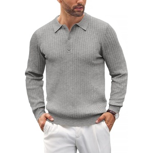 image:imageCOOFANDY Mens Knit Polo Shirts Casual Long Sleeve Classic Polo Shirts Button Down Golf ShirtsRibbed Grey