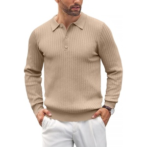 image:imageCOOFANDY Mens Knit Polo Shirts Casual Long Sleeve Classic Polo Shirts Button Down Golf ShirtsRibbed Khaki