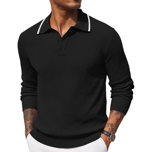 image:imageCOOFANDY Mens Knit Polo Shirts Long Sleeve Casual Polo Sweaters Shirt Waffle Textured Collared SweaterBlack White Striped1