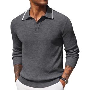 image:imageCOOFANDY Mens Knit Polo Shirts Long Sleeve Casual Polo Sweaters Shirt Waffle Textured Collared SweaterDark Grey White Striped