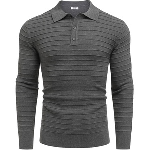image:imageCOOFANDY Mens Knit Polo Shirts Long Sleeve Casual Polo Sweaters Shirt Waffle Textured Collared SweaterGray Textured Stripes1