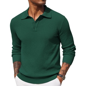image:imageCOOFANDY Mens Knit Polo Shirts Long Sleeve Casual Polo Sweaters Shirt Waffle Textured Collared SweaterGreen