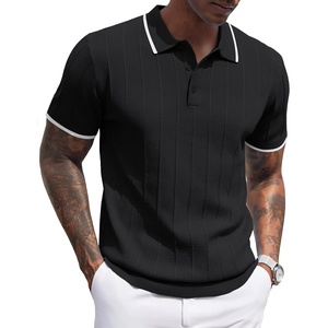 image:imageCOOFANDY Mens Knit Polo Shirts Short Sleeve Ribbed Textured Polo Shirt Lightweight Casual Golf Shirts Collared T ShirtBlack White Striped