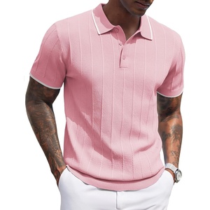 image:imageCOOFANDY Mens Knit Polo Shirts Short Sleeve Ribbed Textured Polo Shirt Lightweight Casual Golf Shirts Collared T ShirtDark Pink White Striped