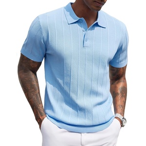 image:imageCOOFANDY Mens Knit Polo Shirts Short Sleeve Ribbed Textured Polo Shirt Lightweight Casual Golf Shirts Collared T ShirtLight Blue