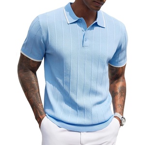 image:imageCOOFANDY Mens Knit Polo Shirts Short Sleeve Ribbed Textured Polo Shirt Lightweight Casual Golf Shirts Collared T ShirtLight Blue White Striped
