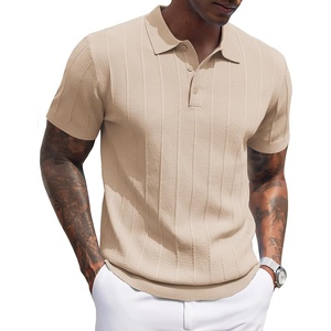 image:imageCOOFANDY Mens Knit Polo Shirts Short Sleeve Ribbed Textured Polo Shirt Lightweight Casual Golf Shirts Collared T ShirtLight Khaki