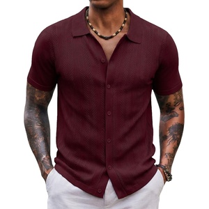 image:imageCOOFANDY Mens Knit Shirt Short Sleeve Button Down Shirts Vintage Casual Summer Beach ShirtsWine Red