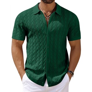 image:imageCOOFANDY Mens Knit Short Sleeve Shirts Button Down Vintage Knitted Polo Shirt Casual Beach Crochet Cable Vacation ShirtGreen