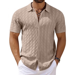 image:imageCOOFANDY Mens Knit Short Sleeve Shirts Button Down Vintage Knitted Polo Shirt Casual Beach Crochet Cable Vacation ShirtKhaki