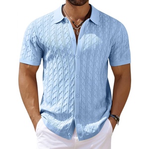 image:imageCOOFANDY Mens Knit Short Sleeve Shirts Button Down Vintage Knitted Polo Shirt Casual Beach Crochet Cable Vacation ShirtLight Blue