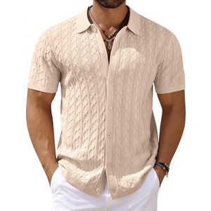 image:imageCOOFANDY Mens Knit Short Sleeve Shirts Button Down Vintage Knitted Polo Shirt Casual Beach Crochet Cable Vacation ShirtLight Coffee