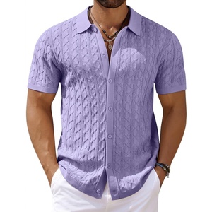 image:imageCOOFANDY Mens Knit Short Sleeve Shirts Button Down Vintage Knitted Polo Shirt Casual Beach Crochet Cable Vacation ShirtLilac Purple