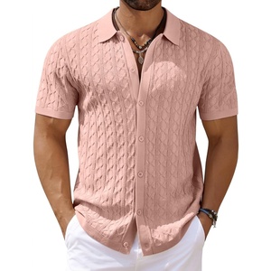 image:imageCOOFANDY Mens Knit Short Sleeve Shirts Button Down Vintage Knitted Polo Shirt Casual Beach Crochet Cable Vacation ShirtLotus Root Pink