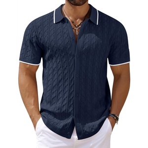image:imageCOOFANDY Mens Knit Short Sleeve Shirts Button Down Vintage Knitted Polo Shirt Casual Beach Crochet Cable Vacation ShirtNavy Bluewhite