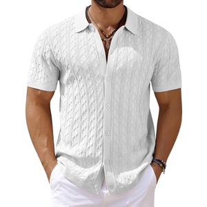 image:imageCOOFANDY Mens Knit Short Sleeve Shirts Button Down Vintage Knitted Polo Shirt Casual Beach Crochet Cable Vacation ShirtWhite