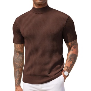 image:imageCOOFANDY Mens Mock Turtleneck Sweater Short Sleeve Casual Basic Tops Ribbed Knit Pullover Solid TeeBrown