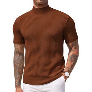 image:imageCOOFANDY Mens Mock Turtleneck Sweater Short Sleeve Casual Basic Tops Ribbed Knit Pullover Solid TeeLight Brown