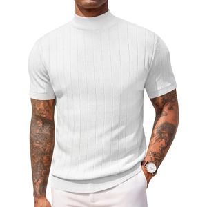 image:imageCOOFANDY Mens Mock Turtleneck Sweater Short Sleeve Casual Basic Tops Ribbed Knit Pullover Solid TeePat2 Striped White