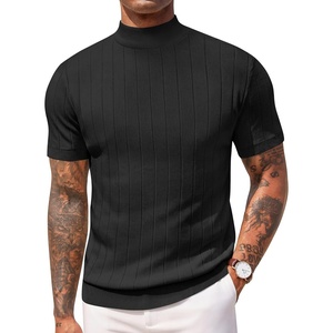 image:imageCOOFANDY Mens Mock Turtleneck Sweater Short Sleeve Casual Basic Tops Ribbed Knit Pullover Solid TeePat3 Striped Black