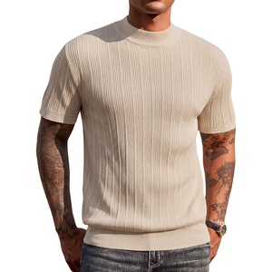 image:imageCOOFANDY Mens Mock Turtleneck Sweater Short Sleeve Casual Basic Tops Ribbed Knit Pullover Solid TeePat6 Beige Striped