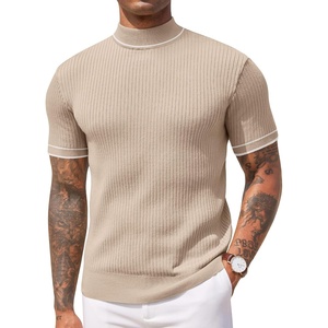 image:imageCOOFANDY Mens Mock Turtleneck Sweater Short Sleeve Casual Basic Tops Ribbed Knit Pullover Solid TeeStriped Beige