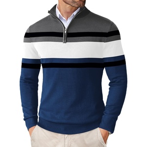 image:imageCOOFANDY Mens Quarter Zip Up Sweaters Slim Fit Lightweight Mock Neck Pullover Casual Polo SweatersDark Blue  White Stripe