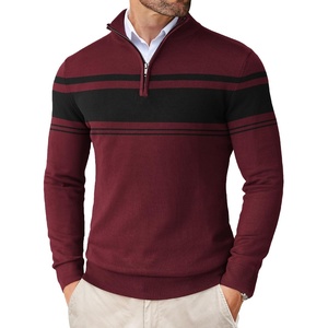 image:imageCOOFANDY Mens Quarter Zip Up Sweaters Slim Fit Lightweight Mock Neck Pullover Casual Polo SweatersRed  Black Stripe