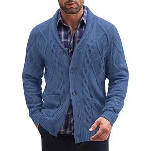 image:imageCOOFANDY Mens Shawl Collar Cardigan Sweater Slim Fit Button Down Cable Knitted Sweater with PocketsDenim Blue
