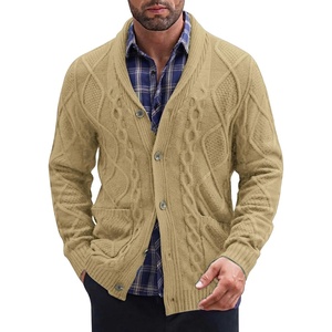 image:imageCOOFANDY Mens Shawl Collar Cardigan Sweater Slim Fit Button Down Cable Knitted Sweater with PocketsKhaki