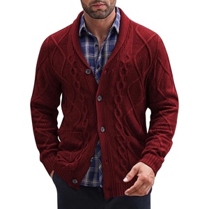 image:imageCOOFANDY Mens Shawl Collar Cardigan Sweater Slim Fit Button Down Cable Knitted Sweater with PocketsWine Red